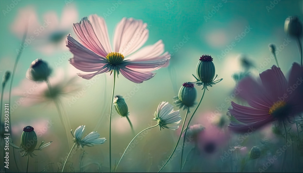 Field of cosmos flowers on a beautiful green background created using generative ai