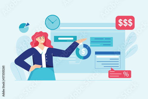 Financial planning blue concept with people scene in the flat cartoon style. Economist allocates the budget to various expenses by analyzing the data in the table. Vector illustration.