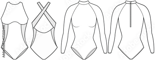 womens swimsuit flat sketch vector illustration front and back view rash guard technical cad drawing template