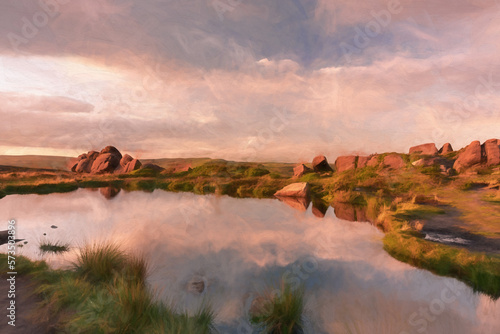 Digital painting of Doxey Pool sunset at The Roaches, in the Peak District National Park, Staffordshire. photo