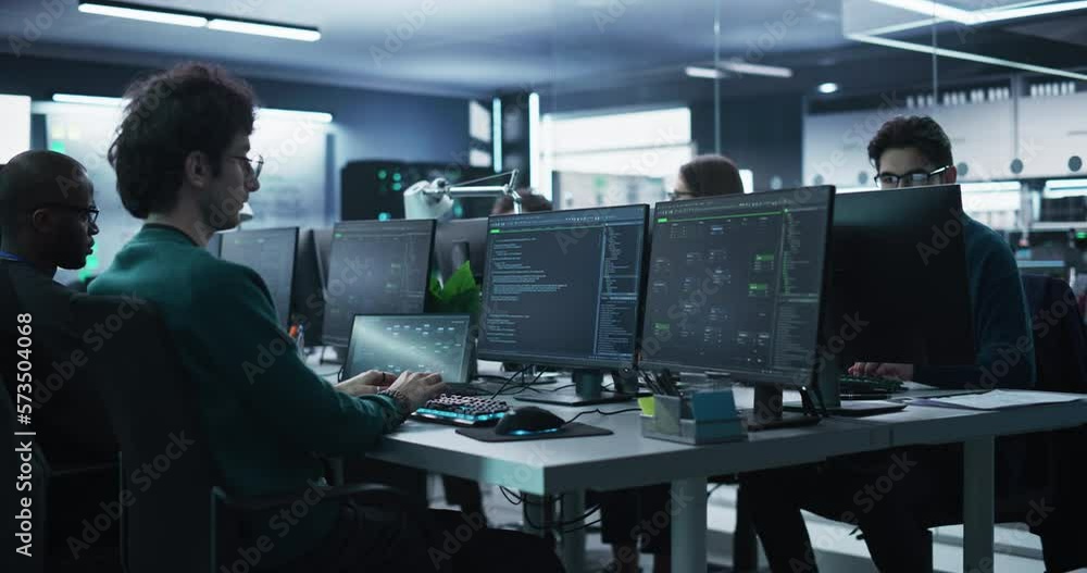 Group of Empowered Multicultural Men and Women Working in a Research Center, Using Computers to Run Advanced Software, Develop Artificial Intelligence Interface and Neural Network Blockchain Group of Empowered Multicultural Men and Women Working in a Research Center, Using Computers to Run Advanced Software, Develop Artificial Intelligence Interface and Neural Network Blockchain