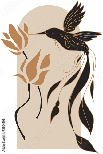 Silhouette of magical bird with flowers, vector set. Mystical abstract form in the style of Matisse. Abstract body art design for print, cover, wallpaper, minimal wall art.