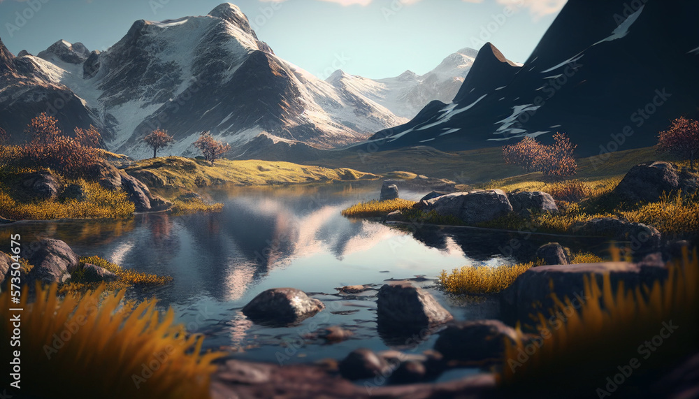 Obraz premium Ethereal Mountain Landscape with Exquisite Greenery and Subtle Hints of Winter. Generative Ai