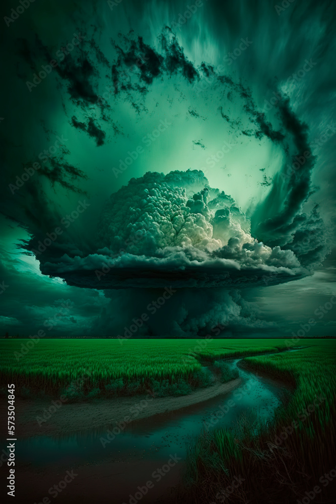 Thunderclouds hung over a gloomy lonely green field. Generative AI