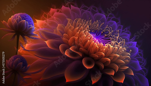 Luxury flowers  abstract fantasy dahlia blossoms in orange  maroon  purple hues  exclusive intricate backgrounds  generative AI