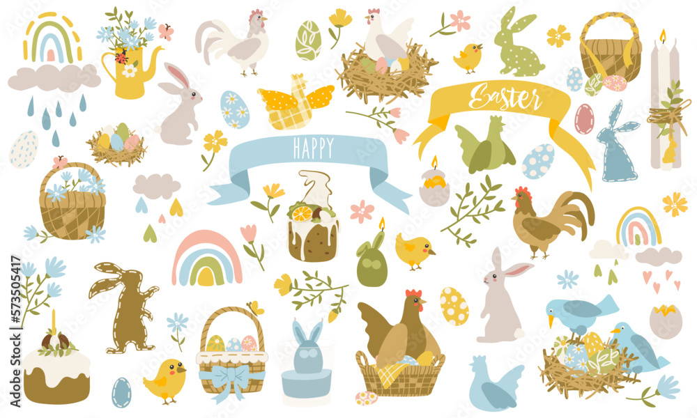 Easter cute bunny with a set of colored eggs and various little things. A charming Easter bunny with traditional festive decor and calligraphic inscriptions. Easter cute bunny with a set of colored eggs and various little things. A charming Easter bunny with traditional festive decor and calligraphic inscriptions.