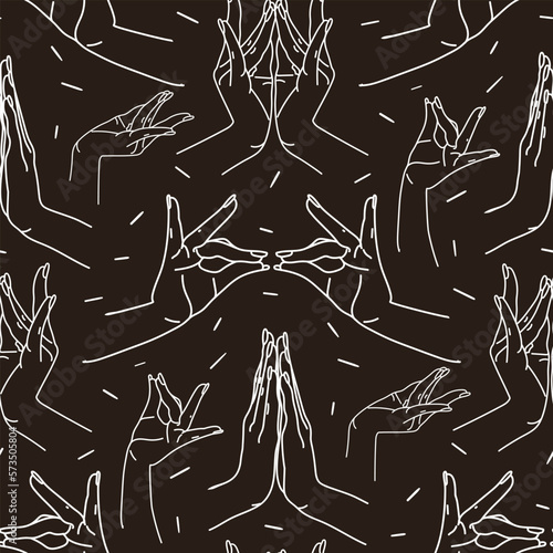 The pattern is different traditional hand signs of a dancing woman. Indian classical dance Bharatanatyam mudra. Alapadma hasta. Beautiful set of hands in Indian dance. Linear vector background Black