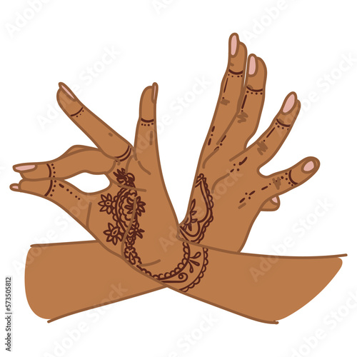 The traditional hand sign of a dancing woman. Indian classical dance Bharatanatyam mudra. Alapadma hasta. Mehendi. Ornate hands with henna. Beautiful hand movement dance. Color vector illustration.