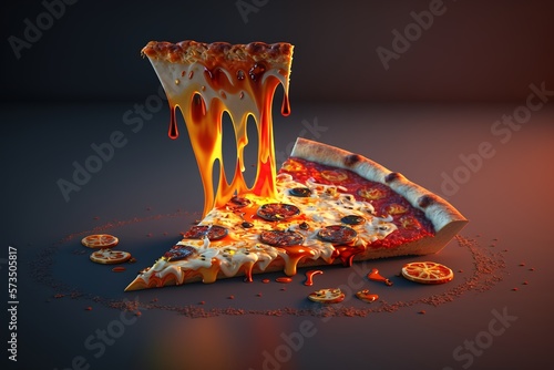 Slice of spicy italian pizza with melted cheese, realistic food illustration. AI generated