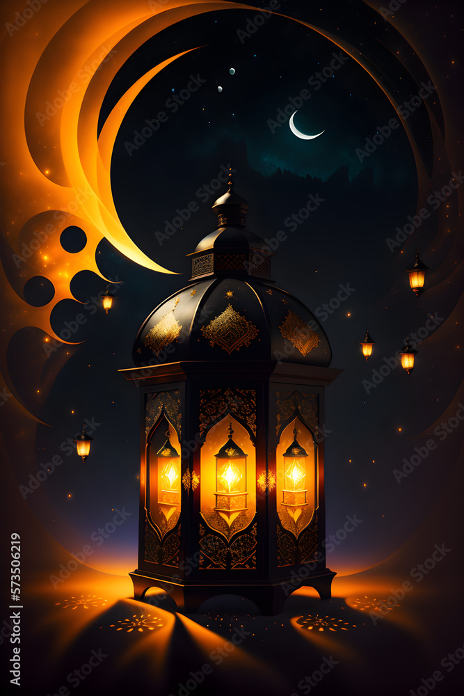 arabic islamic illustration for greeting muslims in ramadan, black lantern design, generative ai