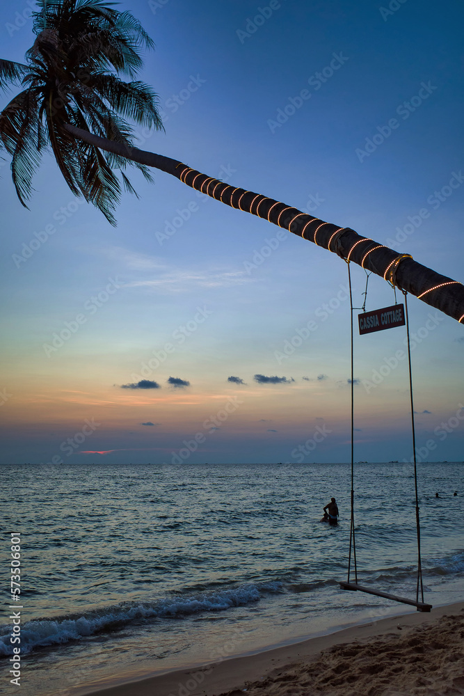 Phu Quoc island, Vietnam - March 30, 2019: Swing on a palm tree. Sea beach at sunset. Spa Romance