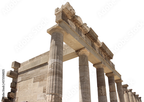 Ancient Greek antique temple facade stone ruins and columns isolated