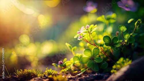 Spring garden backgound with green juicy young foliage and flower in nature outdoor. Ai generative