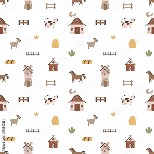 Cute seamless pattern with farm items in scandinavian style. Cartoon print for wallpaper and bedding to design a nursery, playroom or children's bedroom. Background for board game.
