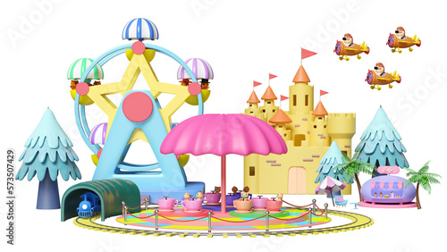 Fototapeta Naklejka Na Ścianę i Meble -  3d amusement park concept with tea cup ride, pilot, propeller plane, railroad tracks, tunnel, ferris wheel, ice cream showcases, landscape, castle, towers isolated. 3d render illustration
