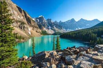 Glasbilder Natur Banff National Park beautiful landscape. Moraine Lake in summer time. Alberta, Canada. Canadian Rockies nature scenery.  © Shawn.ccf