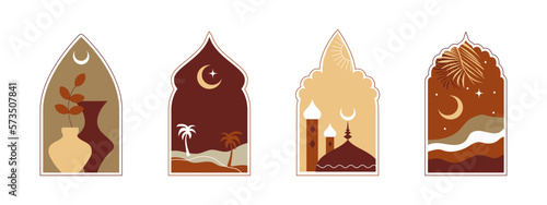 Set of oriental style Islamic ramadan kareem windows and arches with moon, mosque dome, mountain landscape, plants. Colored flat vector illustration isolated on white background