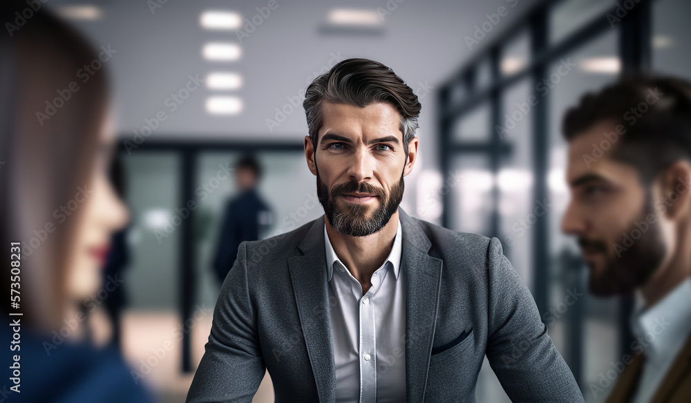 Naklejka premium Successful mature businessman looking at camera with confidence. generative AI digital illustration.