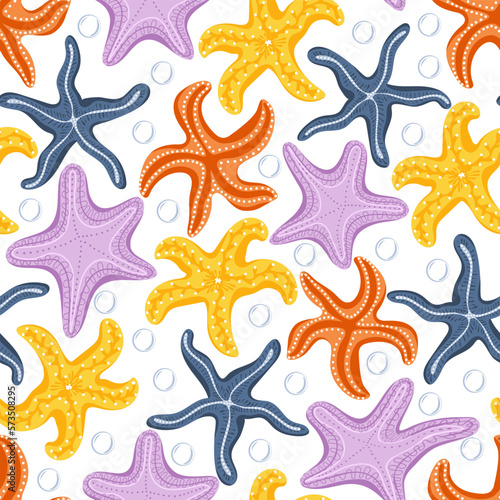 Seamless pattern with hand drawn cute starfishes. Marine dweller. Concept of sea and ocean life. Modern print for fabric, textiles, wrapping paper. Vector illustration