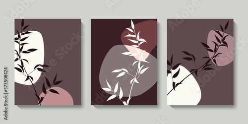 Contemporary wall art with tropical foliage and abstract shapes. Minimalist style botanical illustrations. Minimal leaf pattern in neutral colors. Isolated flat vector design