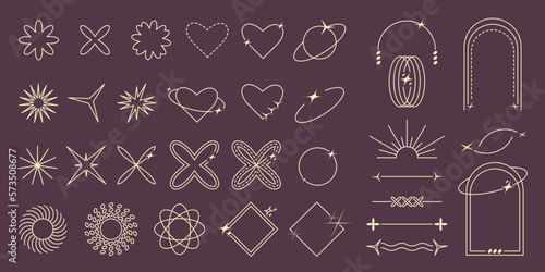 Y2k minimalist aesthetic line elements, geometric shapes, arches, stars, flowers. Trendy linear borders and frames with sparkles. Abstract retro logo, icon, social media design. Vector illustration