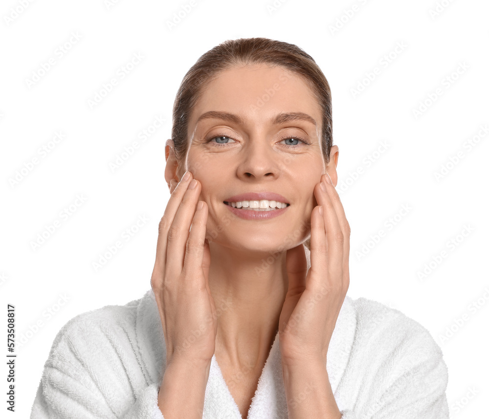 Woman massaging her face on white background Woman massaging her face on white background