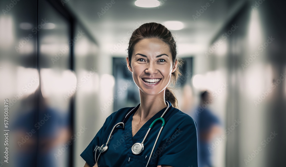 Young confident male nurse looking at camera. generative AI digital illustration. Young confident male nurse looking at camera. generative AI digital illustration.