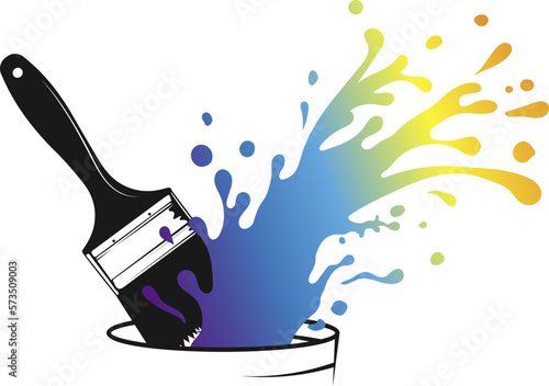 Splatter of colored paint and paint brush silhouette. Design for painter and painting work