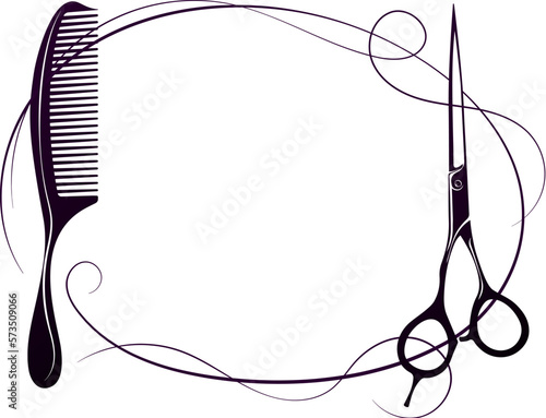 Scissors comb curls hair beautiful oval frame. Design for a beauty salon