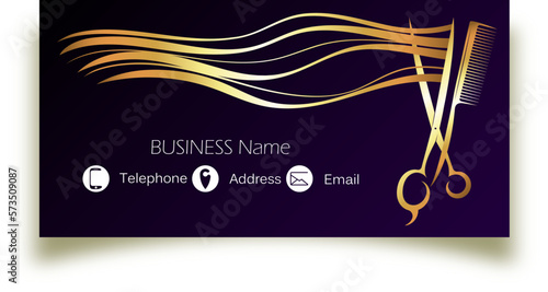 Scissors comb stylist and beautiful golden curls of hair. Business card concept for a beauty salon