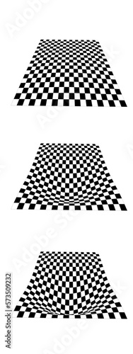 Distortion process of checkered planes in perspective. Warped tile floor. Set of curvatured checkerboard textures. Convex boards with squared pattern. Gravity phenomenon