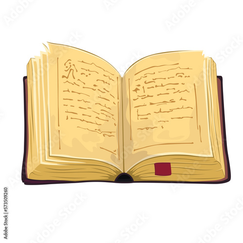 Magic open book. an old open book with incomprehensible mystical writings. Vector cartoon illustration isolated on white