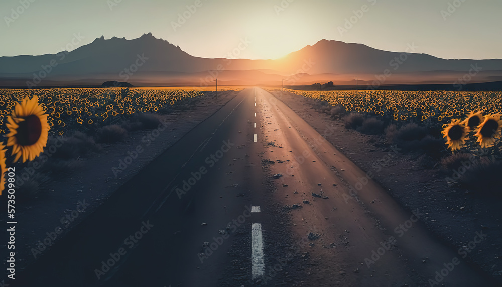 Fototapeta premium Highway among the field of sunflowers at sunset.