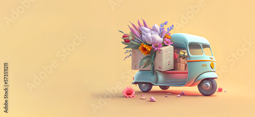Abstract colorful vehicle, pastel colorful delivery van. Van with packages of fresh Spring flowers for delivery. Online shopping, products arrive at the address. Illustration. Generative AI.