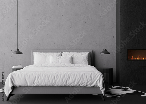 Interior mock up, loft style. Empty concrete wall in modern bedroom. Copy space for your artwork, picture, poster. Industrial style interior design. Apartment or hotel room with fireplace. 3D render.