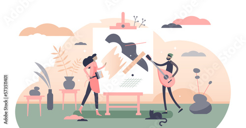 Arts collection as abstract creative self expression form flat tiny person concept, transparent background.
