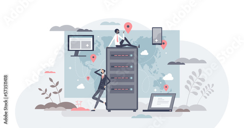 CDN content delivery network as information distribution tiny person concept, transparent background. Global server connection for website performance illustration. Wireless database optimization.