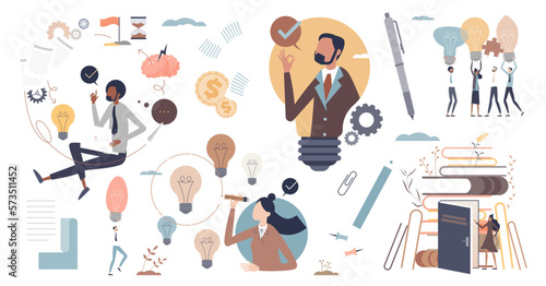 Creativity as business development and innovations tiny person collection set, transparent background. Elements with corporate teamwork and writing new ideas for company growth illustration.