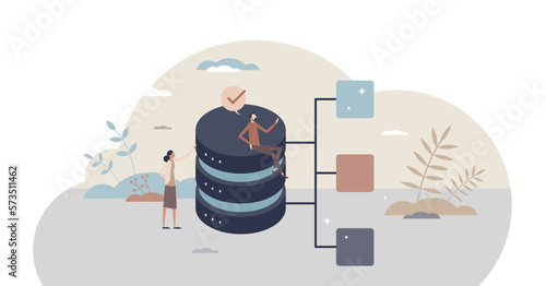 Database design as file system category organization tiny person concept, transparent background. Information structure in hardware drives for easy folder search and user friendly usage illustration.