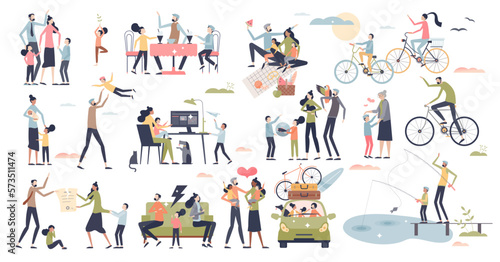 Family time set with quality parenting and bonding tiny person collection, transparent background. Mother and father entertainment activities with kids or children illustration.