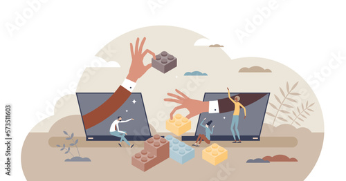 Virtual teambuilding as distant partnership training game tiny person concept, transparent background. Colleague interaction or cooperation skill improvement.