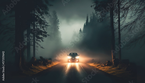 The car is driving on the road at night in the forest.