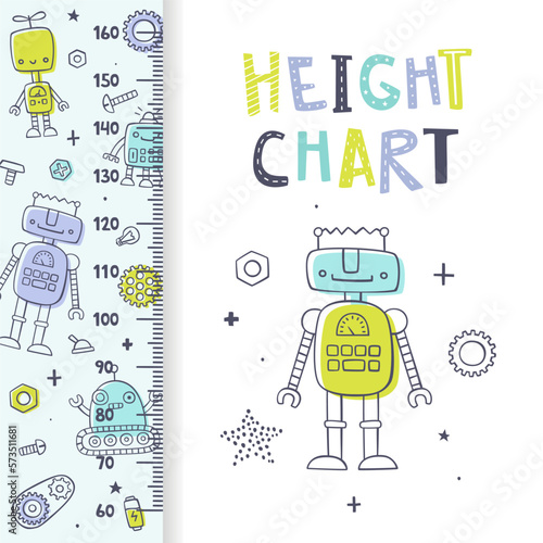 Height chart with cute doodle robots. Cartoon ruler with funny outline robots. Doodle stadiometer for baby boys.