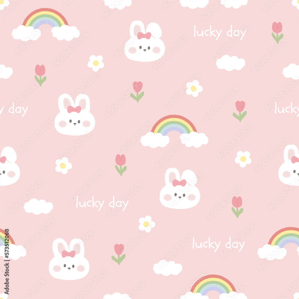 Cute kawaii seamless pattern. Cute Bunny. Rabbit and rainbow, flowers. Vector Cute kawaii seamless pattern. Cute Bunny. Rabbit and rainbow, flowers. Vector