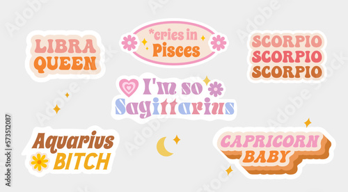 Zodiac signs. Libra, Pisces, Scorpio, Sagittarius, Aquarius, Capricorn. Funny stickers. Vector