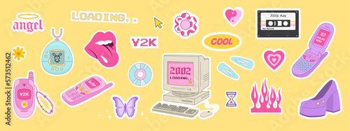 Y2k icons set. Vintage old phone, computer, flame, stickers. 2000s. Vector