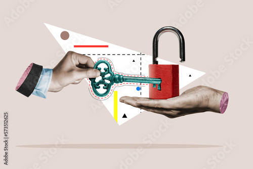 Canvas Print A hand with a key opens the lock. Art collage.