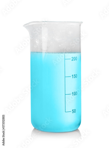 Laboratory beaker with colorful liquid isolated on white. Chemical reaction
