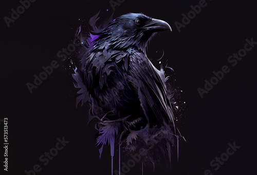 Majestic Raven Illustration with Black and Dark Purple Colors - Perfect for Gothic, Fantasy and Halloween Design