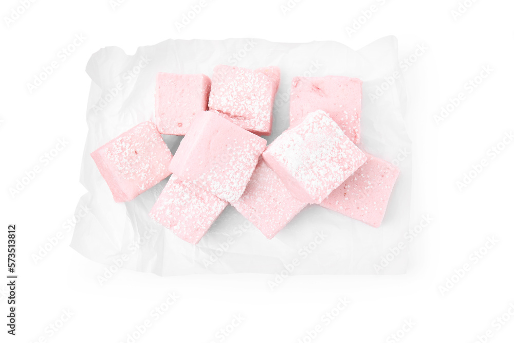 Delicious sweet marshmallows with powdered sugar isolated on white, top view Delicious sweet marshmallows with powdered sugar isolated on white, top view